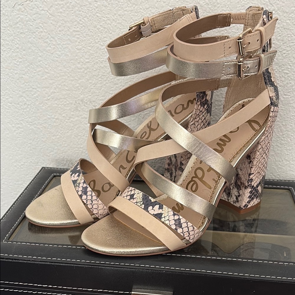 Sam Edelman Nude, Gold & Snake Print Strappy Block Heel Sandals